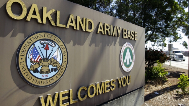A welcome sign at the former Oakland Army Base in Oakland, Calif.