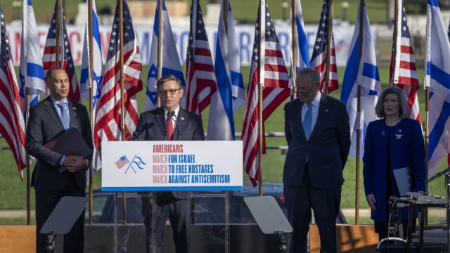 Speaker of the House Mike Johnson speaks at a rally for Israel.