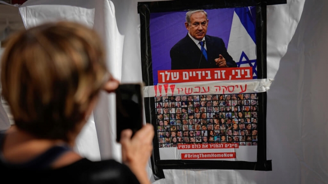 A poster shows Israelis held captive in Gaza