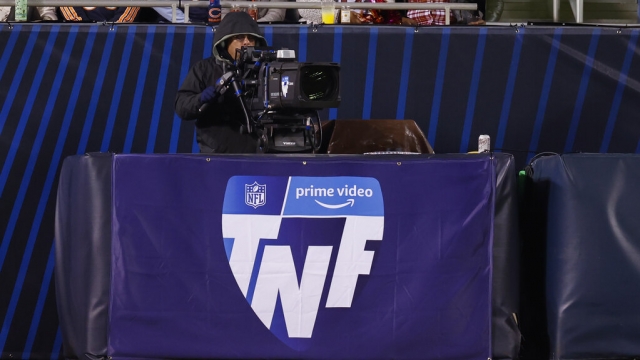 File photo of a TV camera with the Amazon Prime Video Thursday Night Football logo.