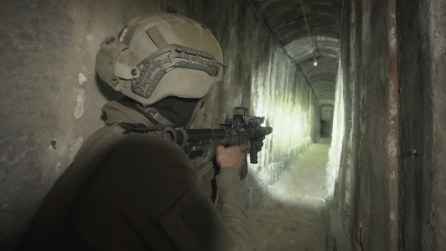 Israeli soldiers in an underground tunnel found underneath Shifa Hospital in Gaza City