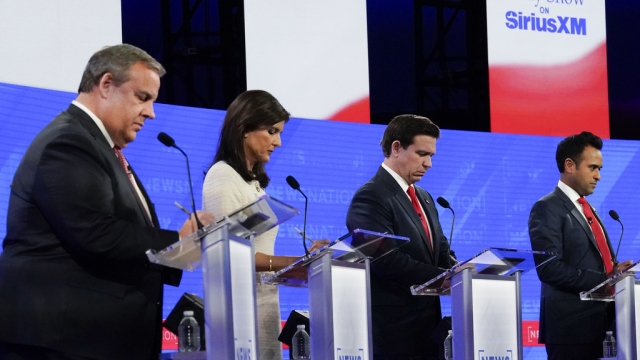 Chris Christie, Nikki Haley, Ron DeSantis, and businessman Vivek Ramaswamy during a Republican presidential primary debate.