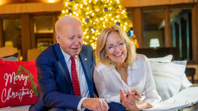 President Joe Biden and first lady Jill Biden watches the Santa tracker.