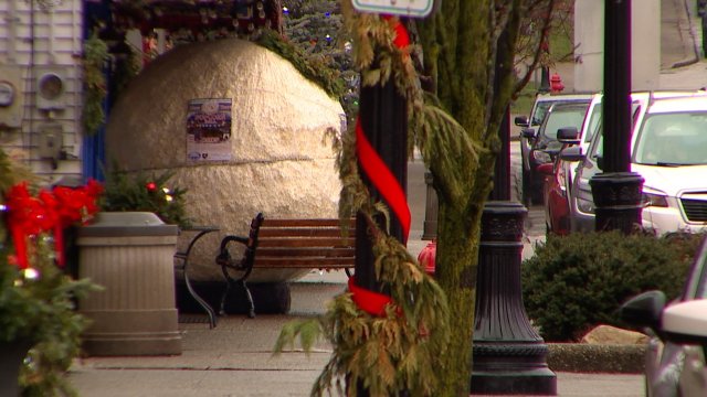 The 240-pound popcorn ball sits on a Chagrin Falls, Ohio, street days before New Year's Eve.