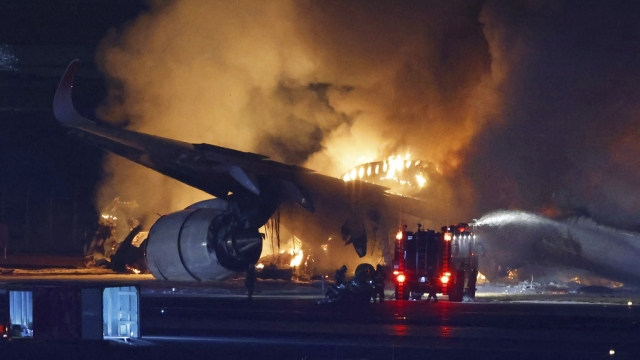 A Japan Airlines plane is on fire on the runway of Haneda airport on Tuesday, Jan. 2, 2024 in Tokyo.