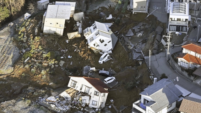 Houses fallen by an earthquake are seen in Kanazawa, Ishikawa prefecture, Japan
