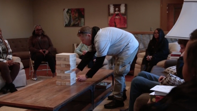 Randy Aolden and some Clubhouse Atlanta members playing Jenga.