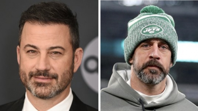 Combination photo shows Jimmy Kimmel, left, and Aaron Rodgers.