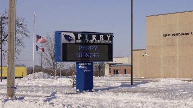 A billboard outside Perry High School that says, "Perry Strong"