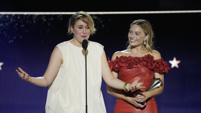 Greta Gerwig, left, and Margot Robbie accept the award for best comedy for "Barbie" during the 29th Critics Choice Awards.