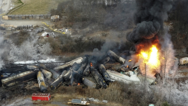 Portions of a Norfolk Southern freight train burn after the train derailed in East Palestine, Ohio.