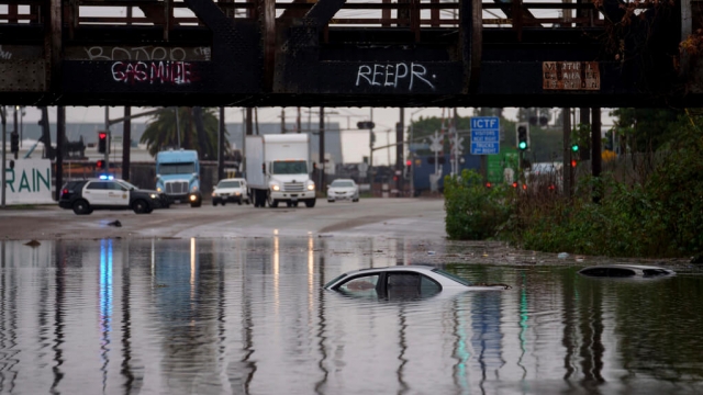 A flooded street in Long Beach, California, on Thursday, Feb. 1, 2024