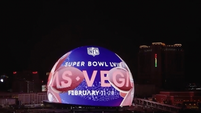 The Las Vegas Sphere with Super Bowl LVIII displayed.