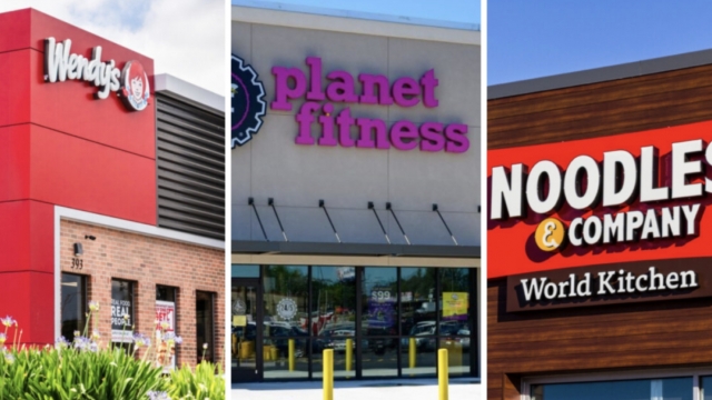 Three photos show the exterior of a Wendy's, Planet Fitness and Noodles & Company