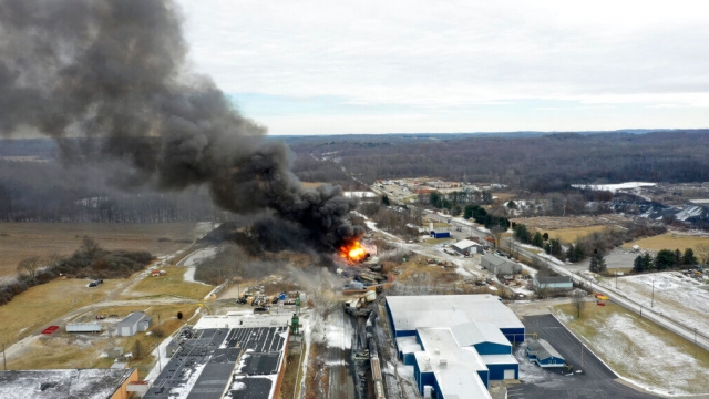 Smoke rises from a derailed Norfolk Southern train in East Palestine, Ohio, on Feb. 4, 2023.
