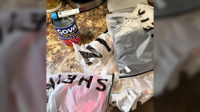 A vial of blood and a can of beans are shown next to Shein packages.