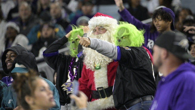 Spectators at an NFL game dressed in Christmas-themed costumes.