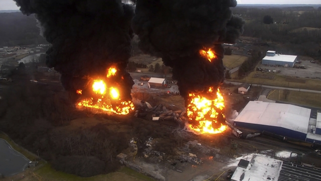 Drone video taken by the Columbiana County Commissioner's Office of train derailment in East Palestine, Ohio, on Feb. 6, 2023