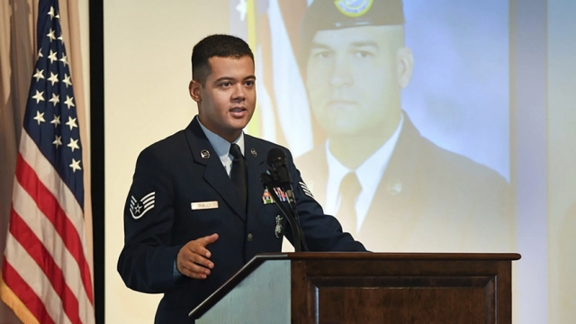 Wilmer Puello-Mota speaks during a ceremony in 2018.