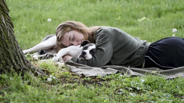 A woman and her dog nap in a park.