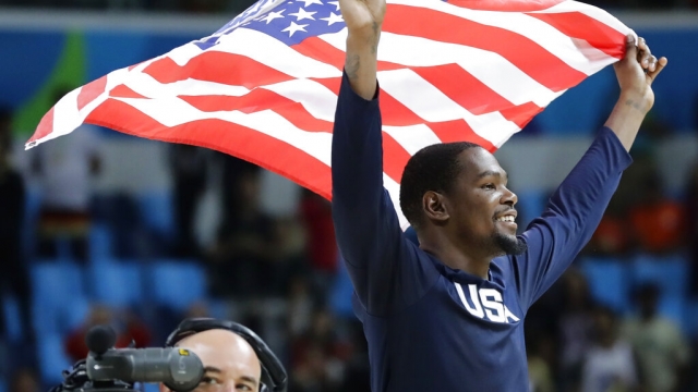 United States' Kevin Durant celebrates after the men's basketball team wins gold at the 2016 Summer Olympics.