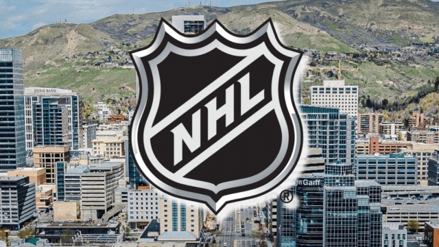 NHL logo on Salt Lake City skyline.