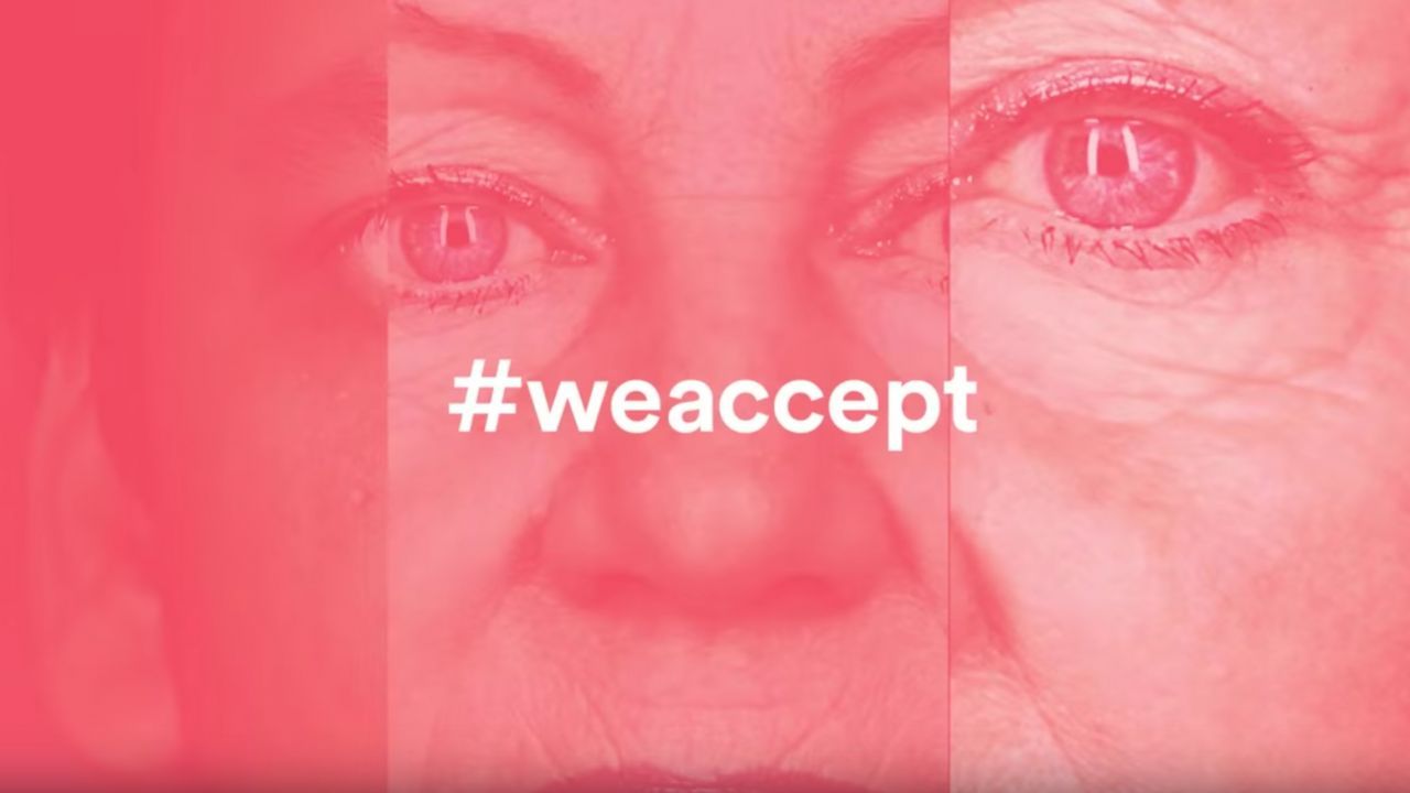 Three faces mashed up with the phrase #weaccept over it