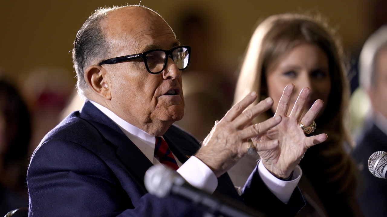 Rudy Giuliani speaks at a hearing of the Pennsylvania State Senate Majority Policy Committee in Gettysburg, PA in Nov. 2020.