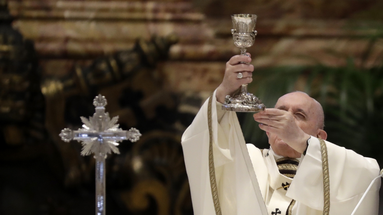 Pope Francis celebrates a Chrism Mass inside St. Peter's Basilica