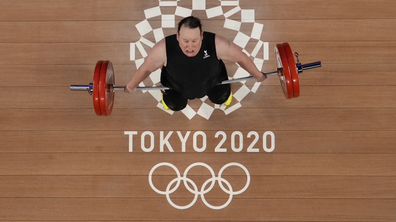 Laurel Hubbard of New Zealand competes in the women's +87kg weightlifting