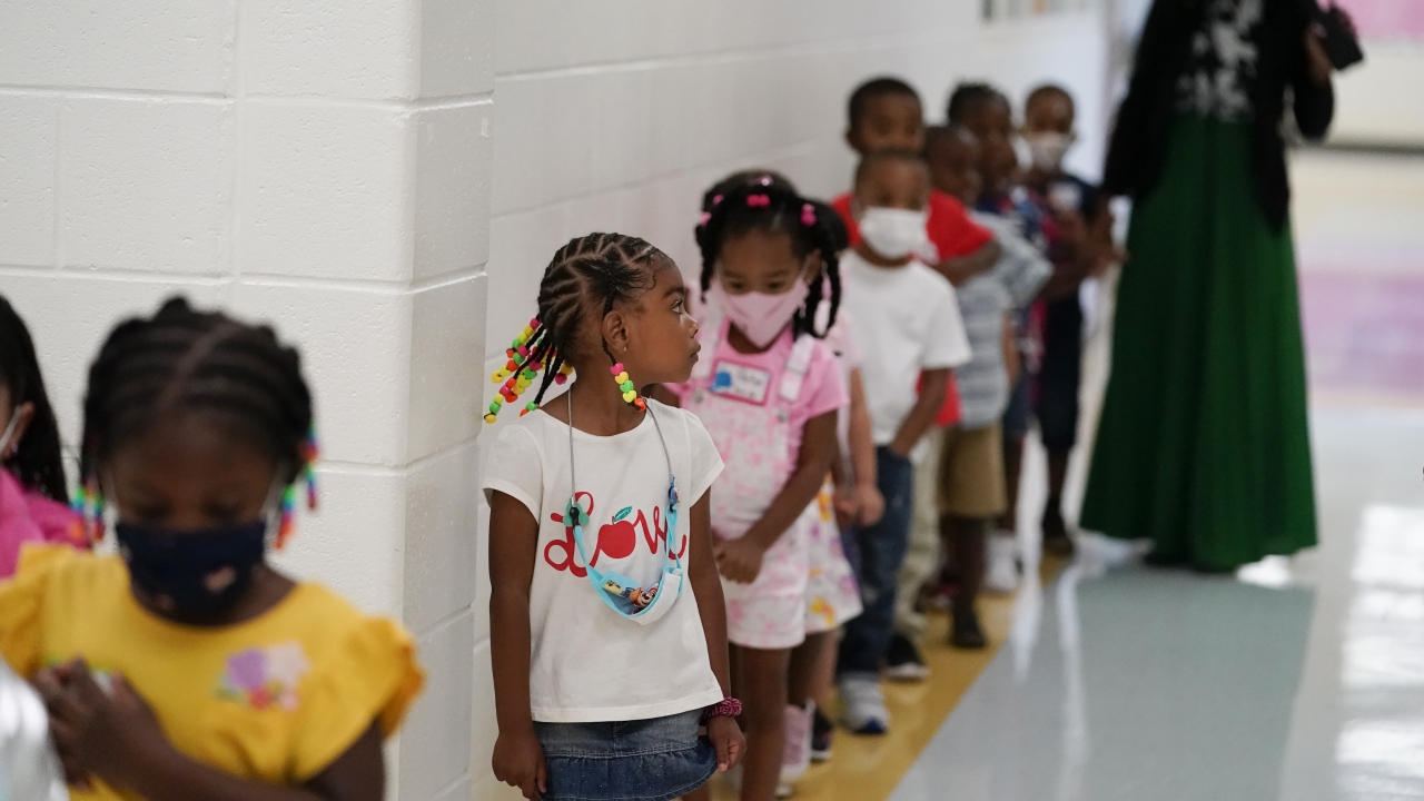 Students walk down the hallway at Tussahaw Elementary school in McDonough, Georgia.