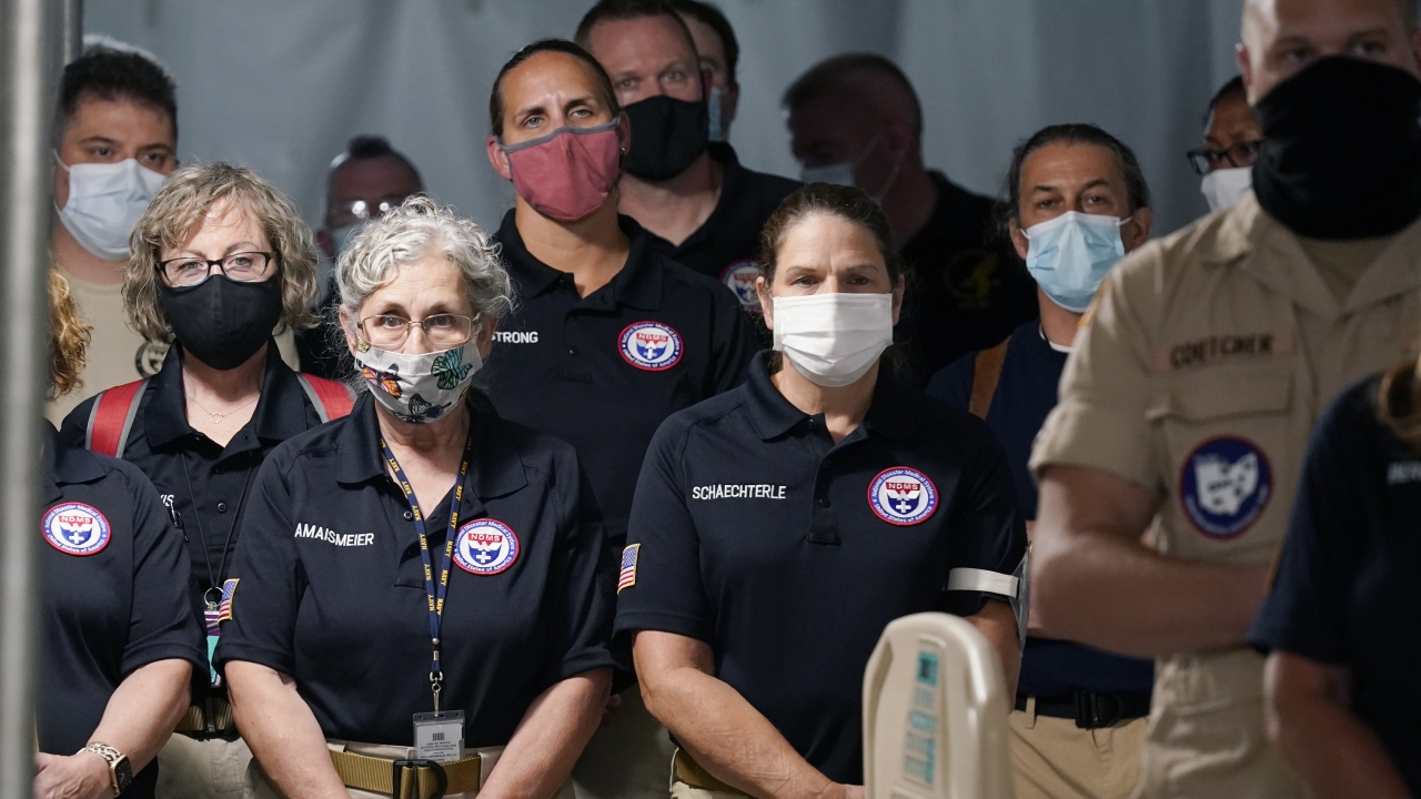 National Disaster Medical System medical professionals listen as University of Mississippi Medical Center officials