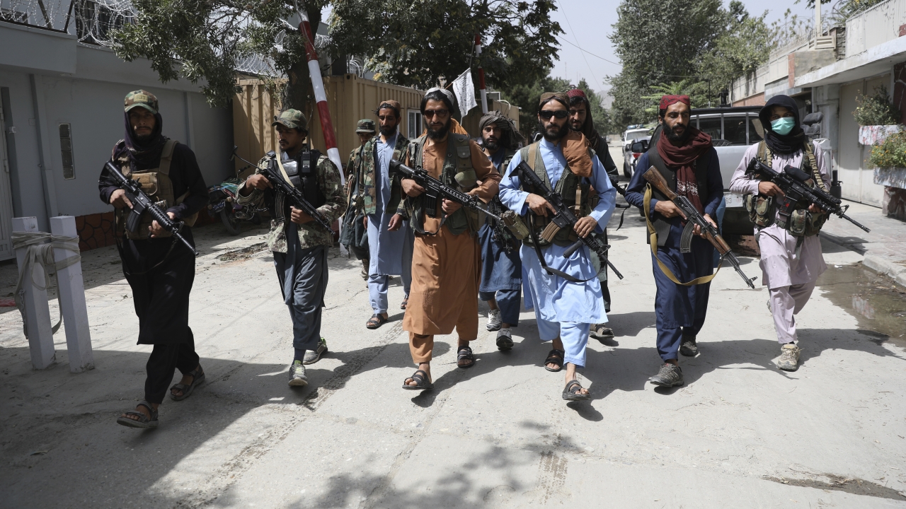 Taliban fighters patrol in the Wazir Akbar Khan neighborhood in the city of Kabul.