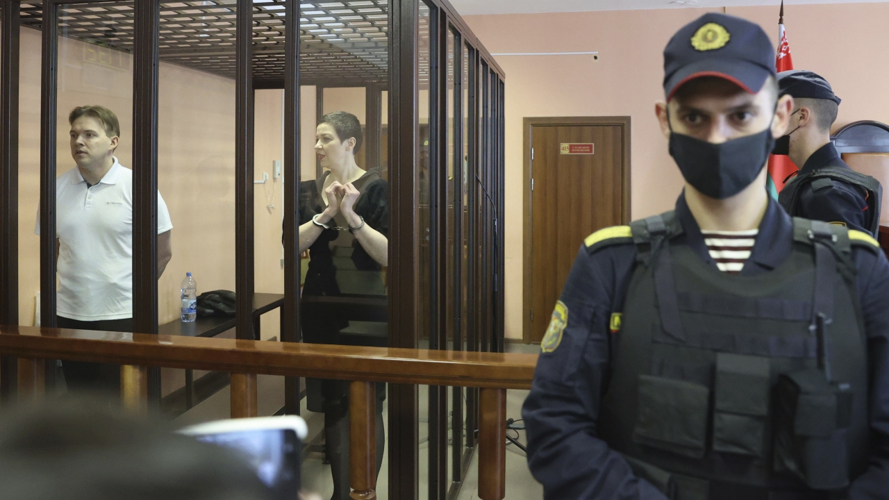Belarus' opposition activists Maria Kolesnikova and Maxim Znak attend a court hearing in Minsk, Belarus, Monday, Sept. 6.