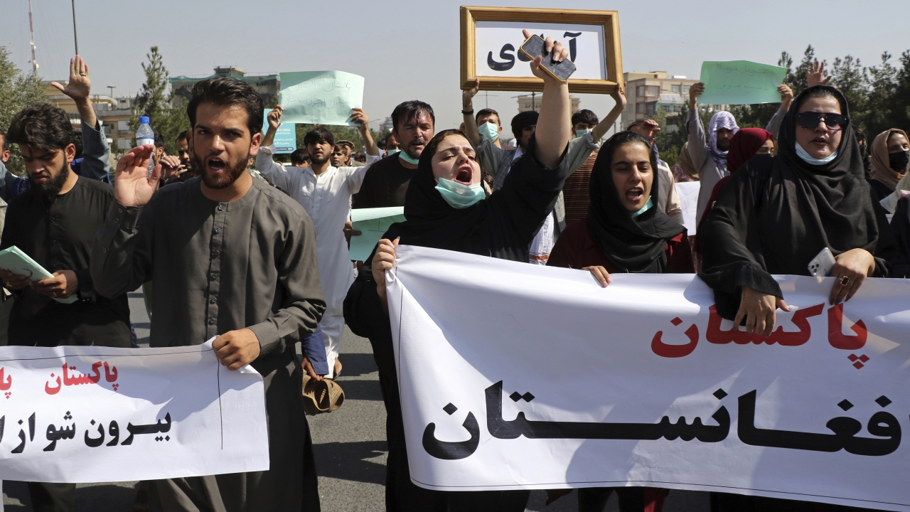 Afghans shout slogans during an anti-Pakistan demonstration, near the Pakistan embassy in Kabul, Afghanistan.