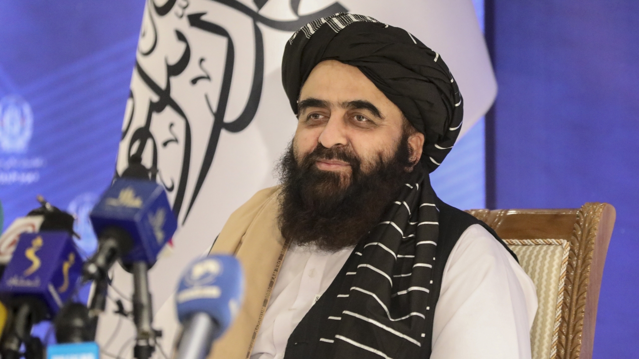 The foreign minister in Afghanistan’s new Taliban-run Cabinet, Amir Khan Muttaqi, gives a press conference in Kabul.