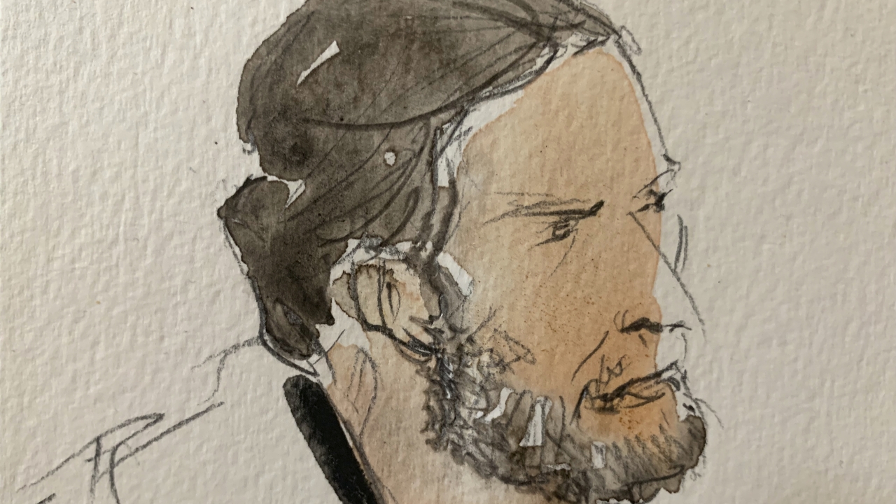 This courtroom sketch shows key defendant Salah Abdeslam, in the special courtroom built for the 2015