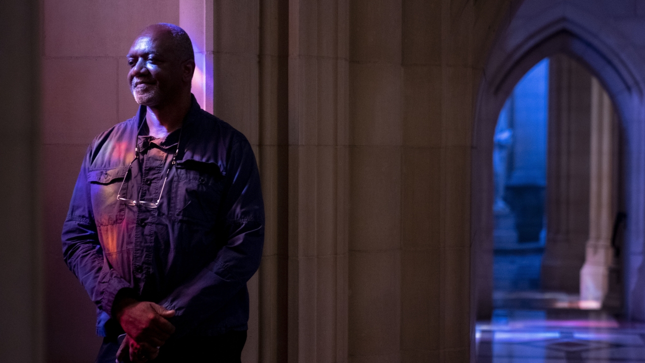 Artist Kerry James Marshall poses for a portrait in the National Cathedral