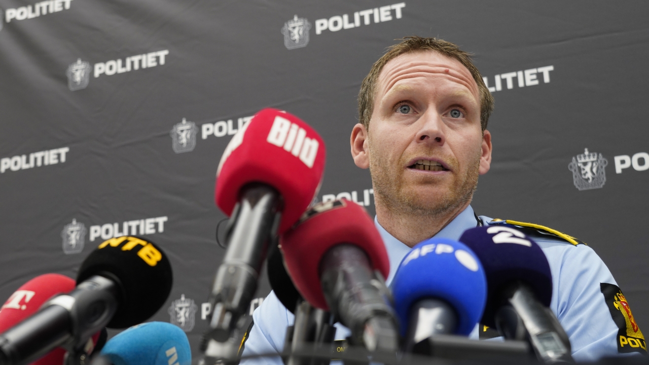 Police Inspector Per Thomas Omholt holds a press conference about the development in the murder case in Kongsberg, Norway.