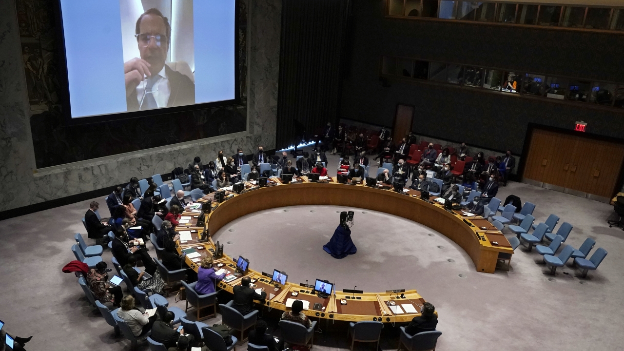 IAEA Director General Rafael Mariano Grossi, on screen at a U.N. Security Council.