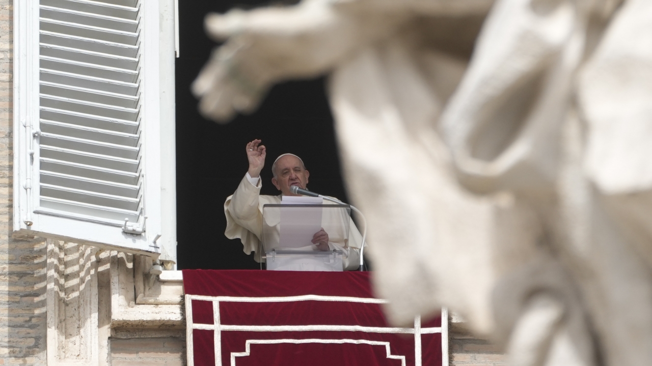 Pope Francis delivers his message in St. Peter's Square.