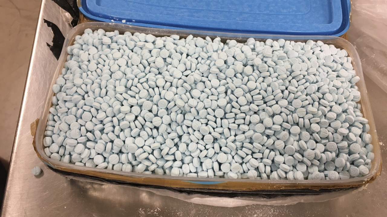 One of four containers holding some of the 30,000 fentanyl pills seized by the U.S. Drug Enforcement Administration