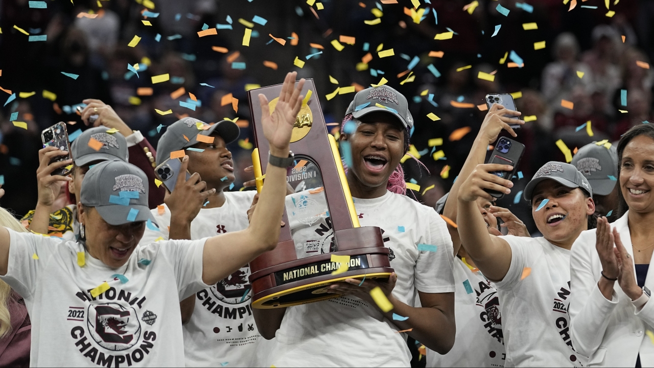 South Carolina women's basketball players hoist the national championship trophy