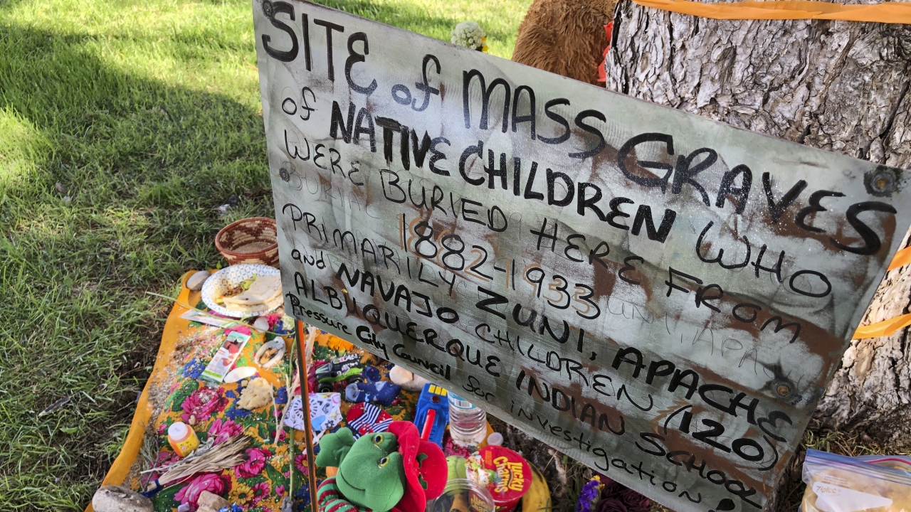 Makeshift memorial for the dozens of Indigenous children who died more than a century ago while attending a boarding school.
