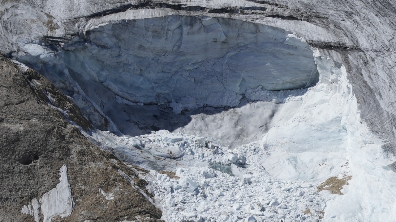 A view taken from a rescue helicopter of the Punta Rocca glacier near Canazei, Italy.