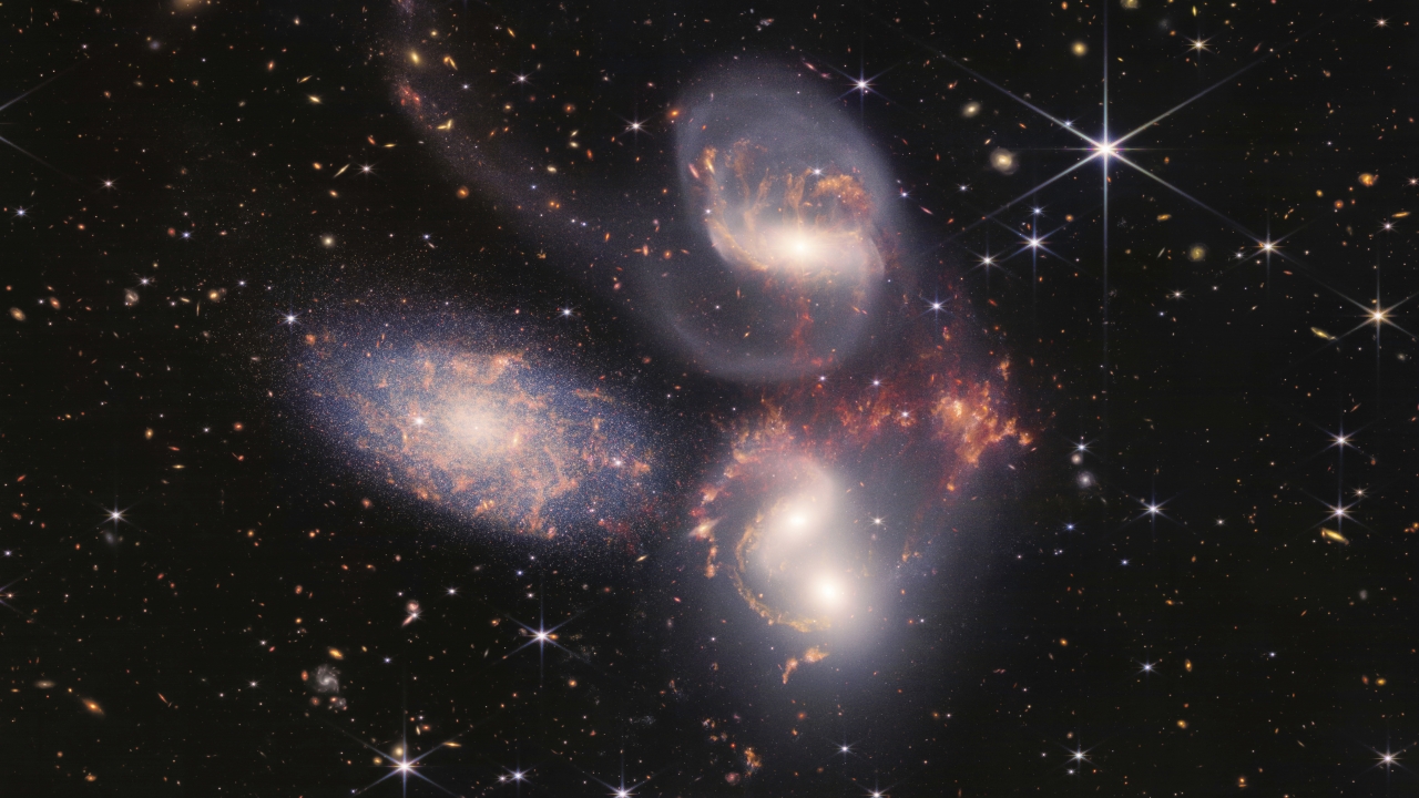 Stephan's Quintet, a visual grouping of five galaxies captured by the James Webb Space Telescope