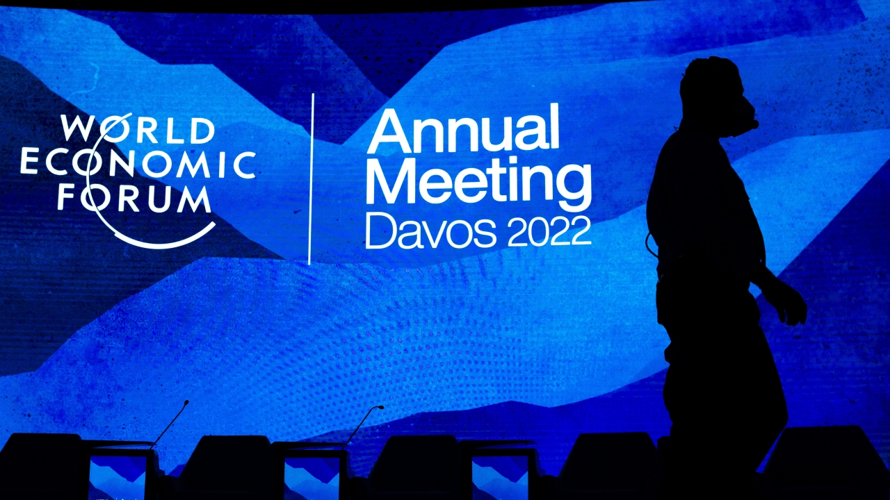 Workers set the stage prior to the annual meeting of the World Economic Forum, in Davos, Switzerland.