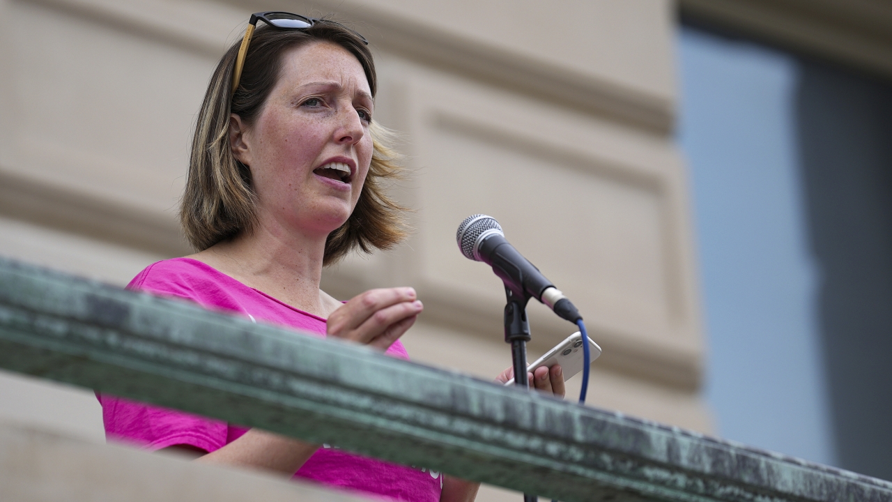 Dr. Caitlin Bernard, a reproductive healthcare provider, speaks during an abortion rights rally.