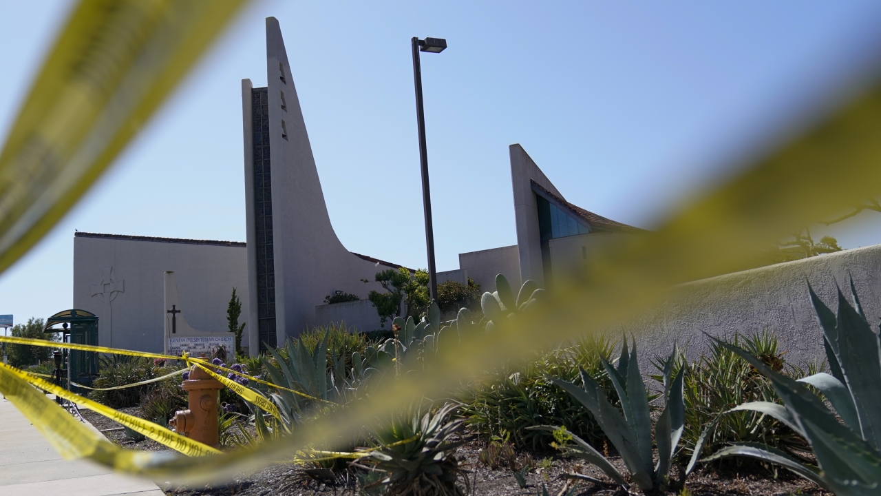 Crime scene tape surrounds Geneva Presbyterian Church.