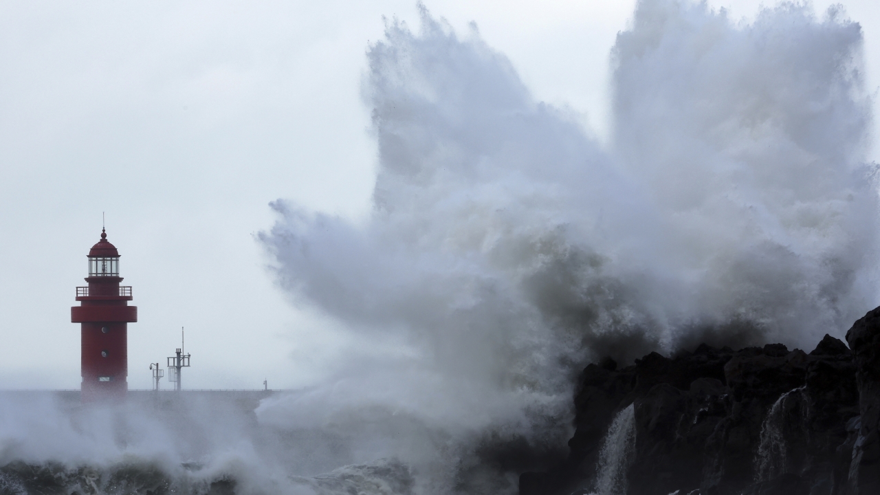 Waves crash on the eastern coast of Jeju Island, South Korea, as Typhoon Hinnamnor travels toward the Korean Peninsula